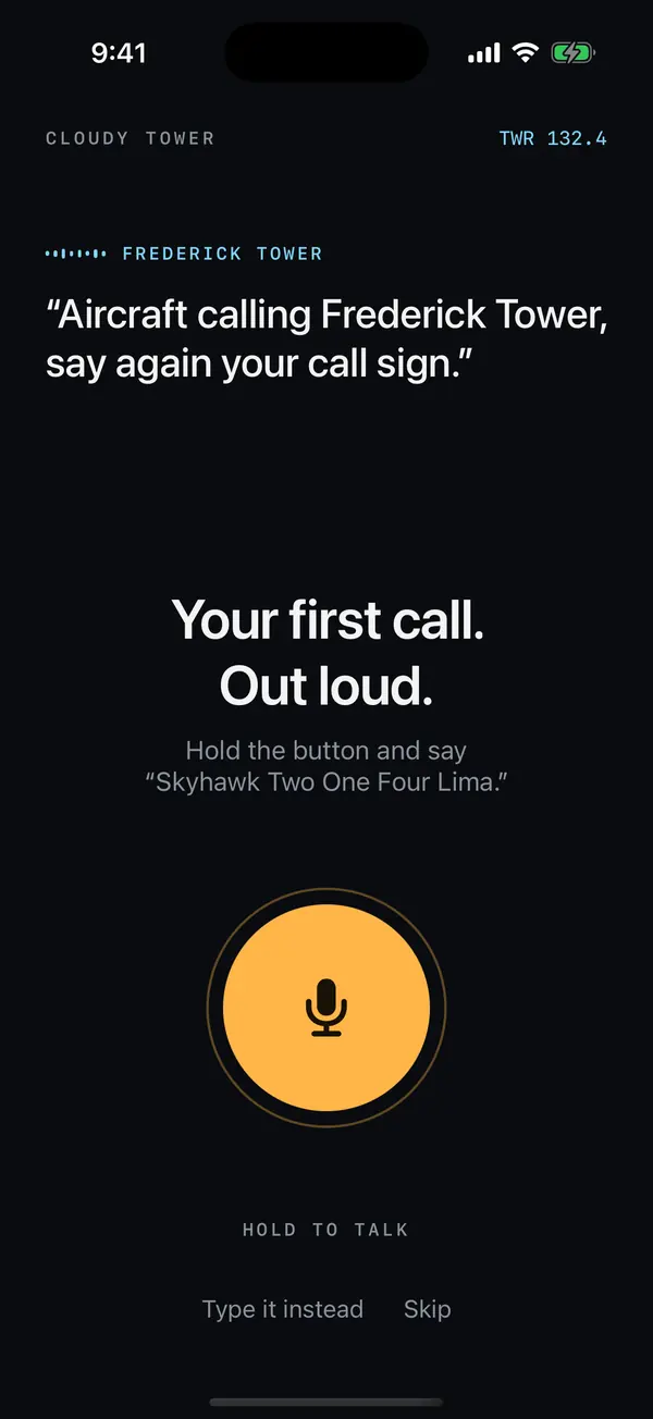 The first call in Cloudy Tower: Frederick Tower asks you to say again your call sign, with a big amber hold-to-talk button.