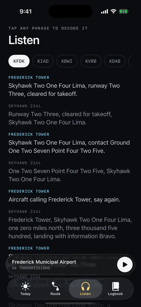 Listen: a Frederick practice frequency, with tower and pilot transmissions to tap and decode.
