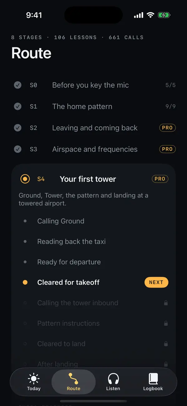 The Route tab: stages 0 to 3 done, Stage 4 Your first tower open, with Cleared for takeoff next.